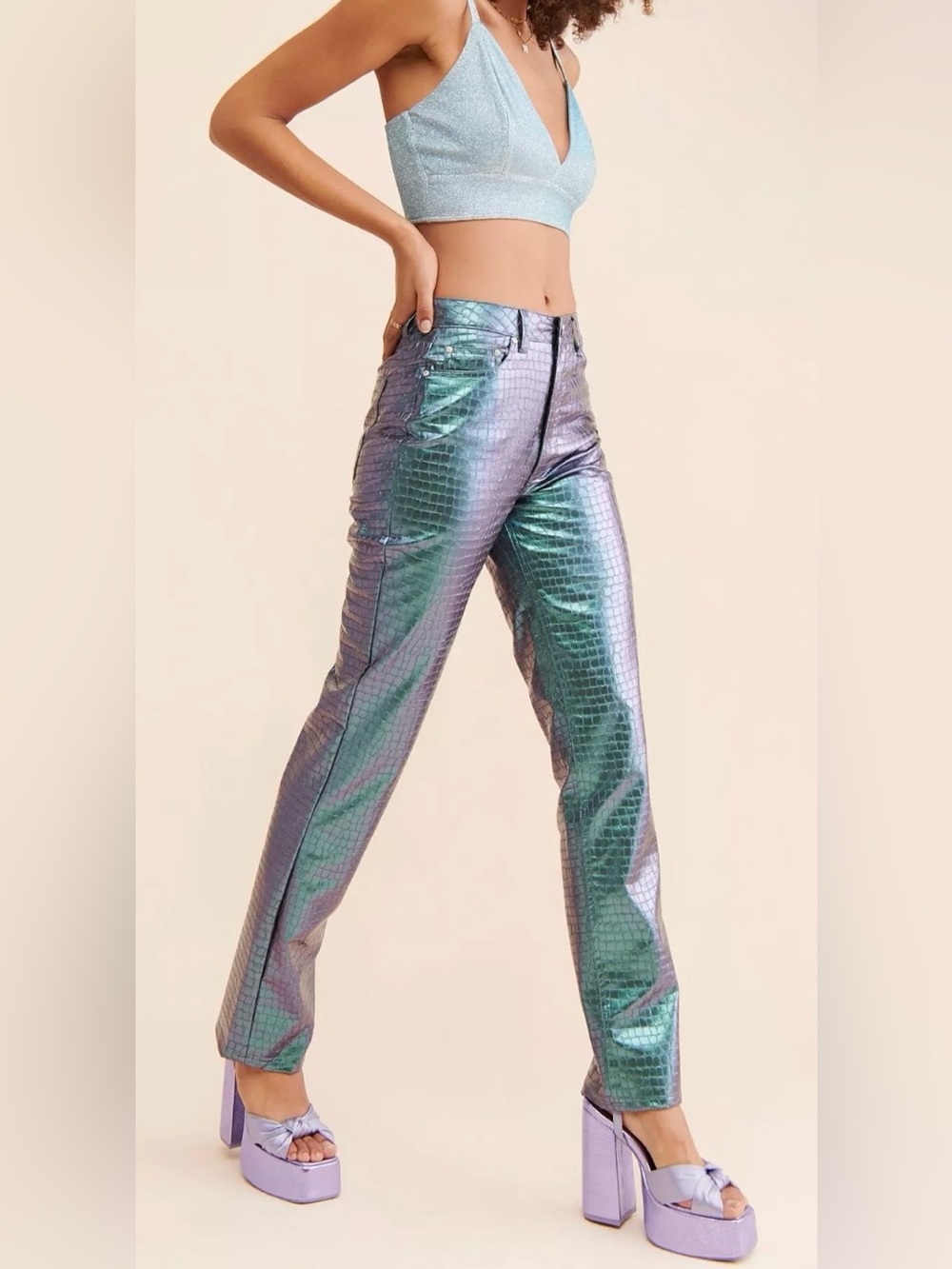 AFRM NWT Iridescent Croc-Embossed Straight Leg Pants - Green/Purple